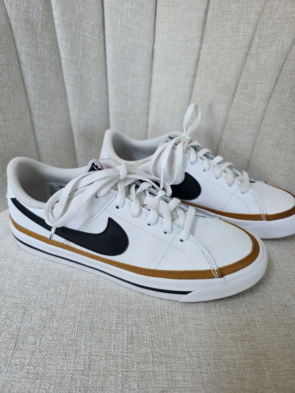 Nike Court Legacy Next Nature Shoes, White/Desert Ochre/Black, Kids Size Y5
